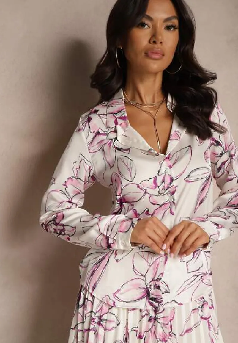 Biało-Fuksjowa Koszula z Wiskozą i Kwiatowym Wzorem Fenellea