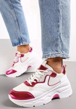 Biało-Fuksjowe Sneakersy na Grubej Podeszwie ze Wstawkami z Perforacją Lanya