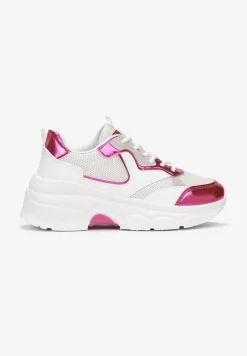 Biało-Fuksjowe Sneakersy na Grubej Podeszwie ze Wstawkami z Perforacją Lanya
