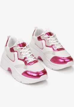 Biało-Fuksjowe Sneakersy na Grubej Podeszwie ze Wstawkami z Perforacją Lanya