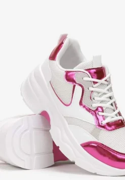 Biało-Fuksjowe Sneakersy na Grubej Podeszwie ze Wstawkami z Perforacją Lanya