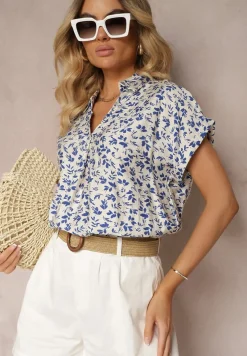 Biało-Granatowa Bluzka z Bawełną o Kroju Koszuli Ozdobiona Falbankami Rissaila