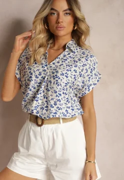 Biało-Granatowa Bluzka z Bawełną o Kroju Koszuli Ozdobiona Falbankami Rissaila