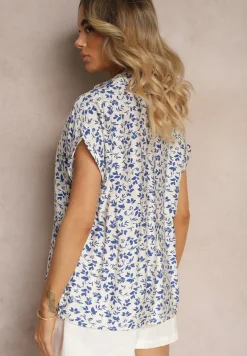 Biało-Granatowa Bluzka z Bawełną o Kroju Koszuli Ozdobiona Falbankami Rissaila