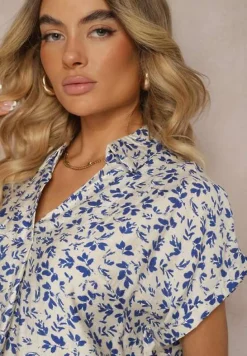 Biało-Granatowa Bluzka z Bawełną o Kroju Koszuli Ozdobiona Falbankami Rissaila