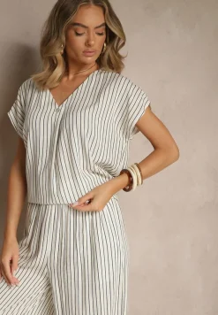 Biało-Granatowa Bluzka z Bawełny w Paski Ozdobiona Guzikiem Araluna