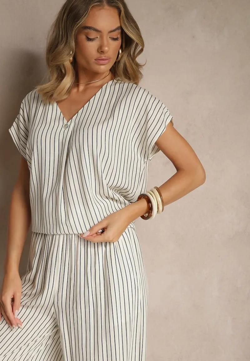 Biało-Granatowa Bluzka z Bawełny w Paski Ozdobiona Guzikiem Araluna