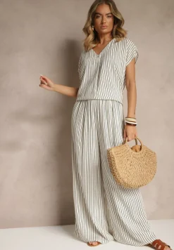 Biało-Granatowa Bluzka z Bawełny w Paski Ozdobiona Guzikiem Araluna