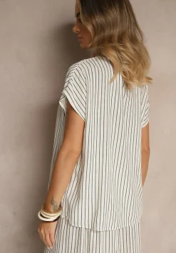 Biało-Granatowa Bluzka z Bawełny w Paski Ozdobiona Guzikiem Araluna