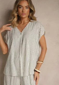 Biało-Granatowa Bluzka z Bawełny w Paski Ozdobiona Guzikiem Araluna