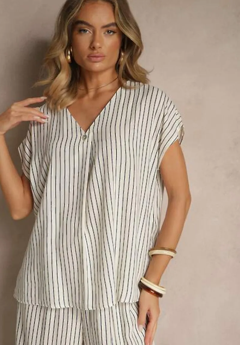 Biało-Granatowa Bluzka z Bawełny w Paski Ozdobiona Guzikiem Araluna