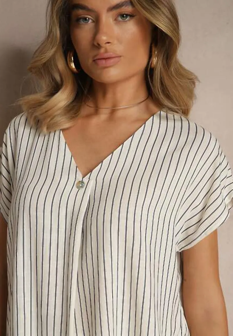 Biało-Granatowa Bluzka z Bawełny w Paski Ozdobiona Guzikiem Araluna