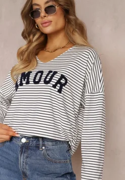 Biało-Granatowa Oversizowa Bluzka w Paski z Haftowanym Napisem i Dekoltem V Rowania
