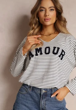 Biało-Granatowa Oversizowa Bluzka w Paski z Haftowanym Napisem i Dekoltem V Rowania