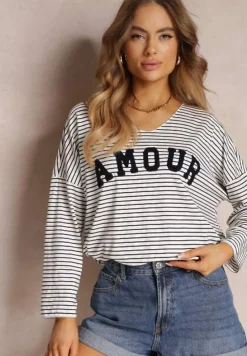 Biało-Granatowa Oversizowa Bluzka w Paski z Haftowanym Napisem i Dekoltem V Rowania