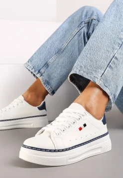 Biało-Granatowe Basicowe Sneakersy na Platformie Ozdobione Metalicznymi Wstawkami Vaiden
