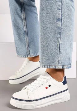 Biało-Granatowe Basicowe Sneakersy na Platformie Ozdobione Metalicznymi Wstawkami Vaiden