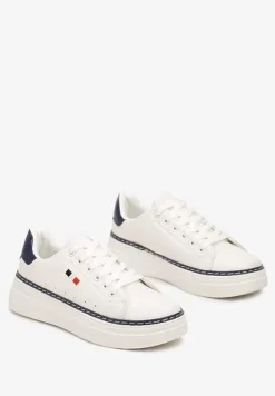 Biało-Granatowe Basicowe Sneakersy na Platformie Ozdobione Metalicznymi Wstawkami Vaiden