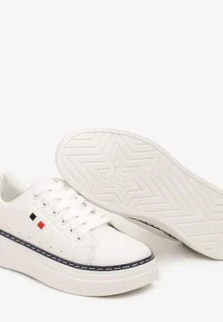 Biało-Granatowe Basicowe Sneakersy na Platformie Ozdobione Metalicznymi Wstawkami Vaiden