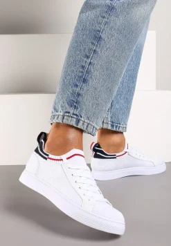 Biało-Granatowe Płaskie Sneakersy Wsuwane z Imitacji Skóry ze Sznurowaniami Gaxia