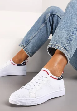 Biało-Granatowe Płaskie Sneakersy Wsuwane z Imitacji Skóry ze Sznurowaniami Gaxia