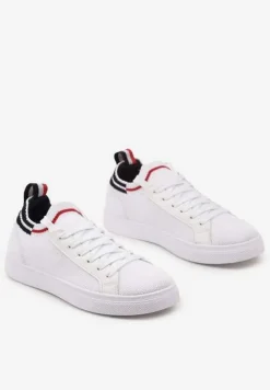 Biało-Granatowe Płaskie Sneakersy Wsuwane z Imitacji Skóry ze Sznurowaniami Gaxia