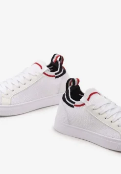 Biało-Granatowe Płaskie Sneakersy Wsuwane z Imitacji Skóry ze Sznurowaniami Gaxia