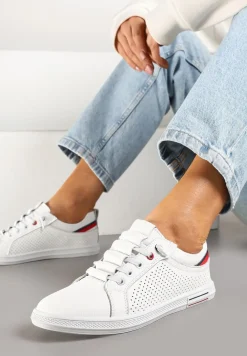 Biało-Granatowe Skórzane Tenisówki Pod Kostkę z Ozdobną Perforacją Mlinntia