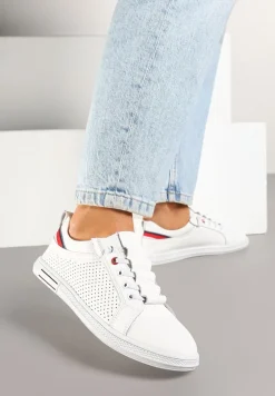 Biało-Granatowe Skórzane Tenisówki Pod Kostkę z Ozdobną Perforacją Mlinntia