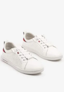 Biało-Granatowe Skórzane Tenisówki Pod Kostkę z Ozdobną Perforacją Mlinntia