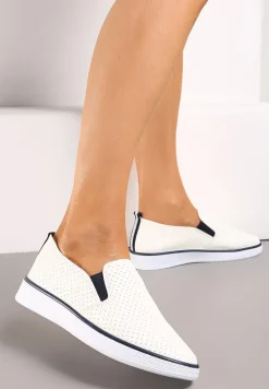 Biało-Granatowe Tenisówki z Ekoskóry z Ozdobną Perforacją i Brokatem Alirentta
