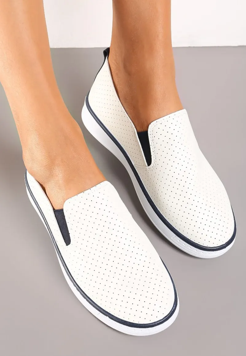 Biało-Granatowe Tenisówki z Ekoskóry z Ozdobną Perforacją i Brokatem Alirentta