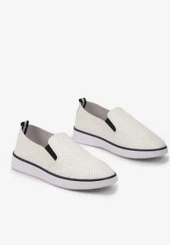 Biało-Granatowe Tenisówki z Ekoskóry z Ozdobną Perforacją i Brokatem Alirentta