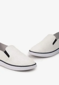 Biało-Granatowe Tenisówki z Ekoskóry z Ozdobną Perforacją i Brokatem Alirentta