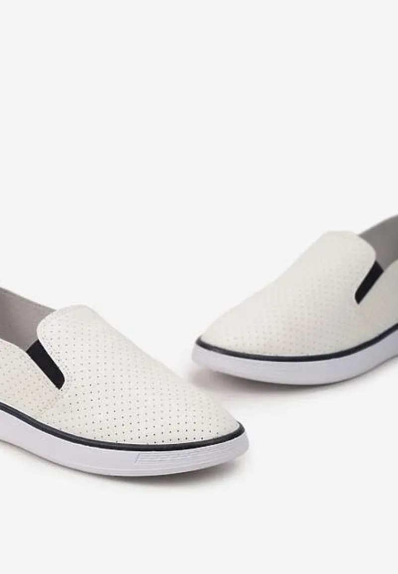 Biało-Granatowe Tenisówki z Ekoskóry z Ozdobną Perforacją i Brokatem Alirentta