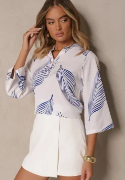 Biało-Niebieska Koszula z Bawełną i Motywem Liści Lumireline