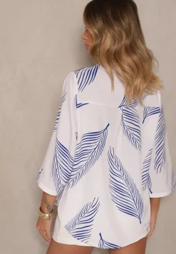 Biało-Niebieska Koszula z Bawełną i Motywem Liści Lumireline