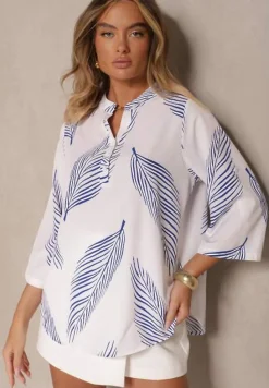 Biało-Niebieska Koszula z Bawełną i Motywem Liści Lumireline
