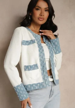 Biało-Niebieska Marynarka o Pudełkowym Kroju z Tłoczonymi Zdobieniami Ranolea