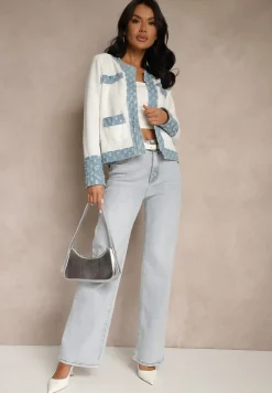 Biało-Niebieska Marynarka o Pudełkowym Kroju z Tłoczonymi Zdobieniami Ranolea