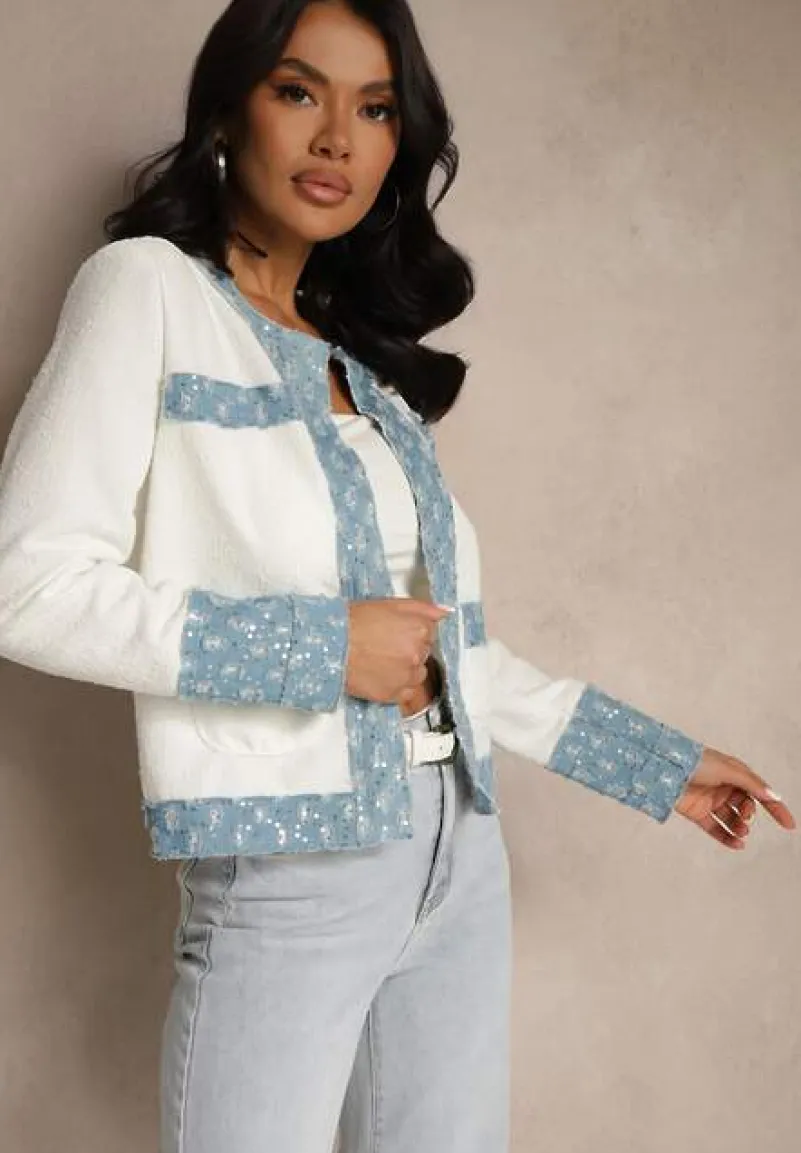 Biało-Niebieska Marynarka o Pudełkowym Kroju z Tłoczonymi Zdobieniami Ranolea