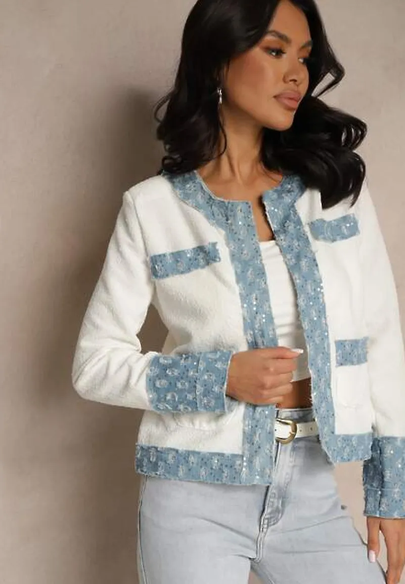 Biało-Niebieska Marynarka o Pudełkowym Kroju z Tłoczonymi Zdobieniami Ranolea