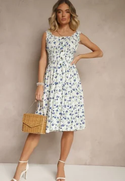 Biało-Niebieska Rozkloszowana Sukienka na Ramiączkach w Kwiatowy Print Xallio