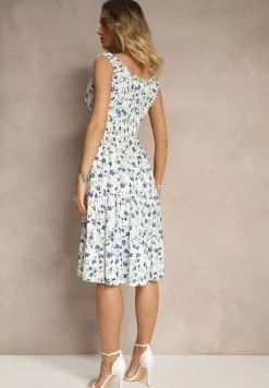 Biało-Niebieska Rozkloszowana Sukienka na Ramiączkach w Kwiatowy Print Xallio