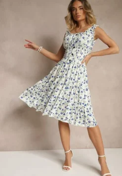 Biało-Niebieska Rozkloszowana Sukienka na Ramiączkach w Kwiatowy Print Xallio