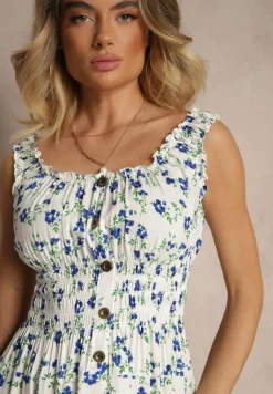 Biało-Niebieska Rozkloszowana Sukienka na Ramiączkach w Kwiatowy Print Xallio