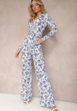 Biało-Niebieski Długi Kombinezon z Kopertowym Dekoltem w Kwiatowy Wzór Erenna