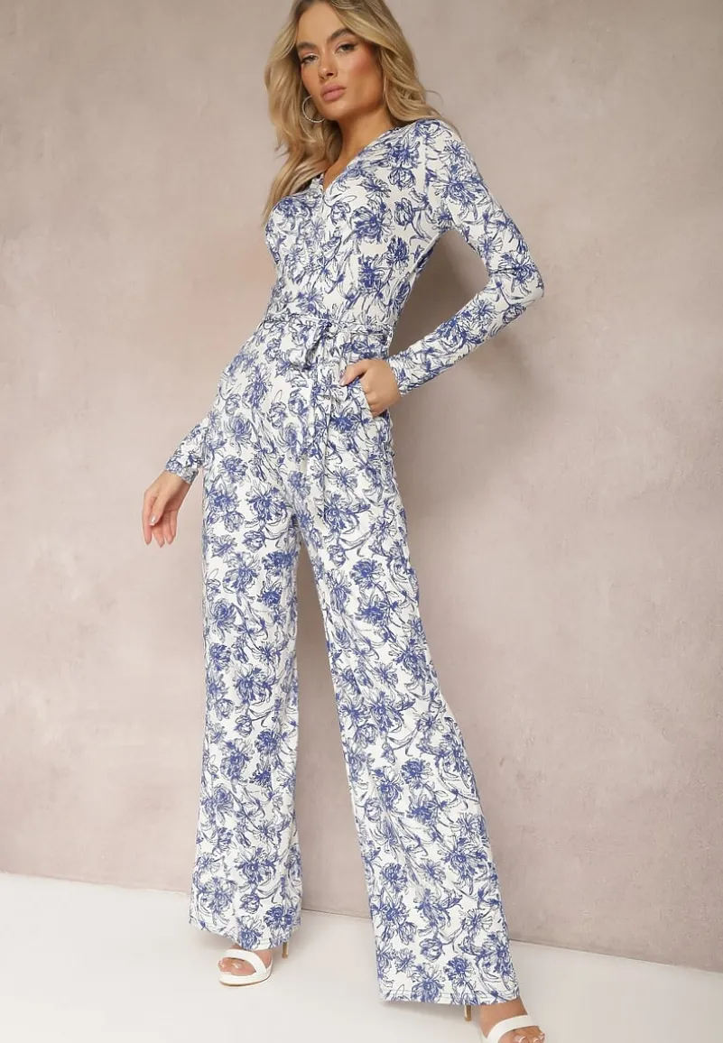 Biało-Niebieski Długi Kombinezon z Kopertowym Dekoltem w Kwiatowy Wzór Erenna