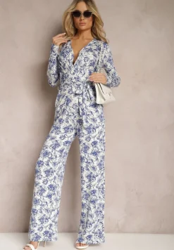Biało-Niebieski Długi Kombinezon z Kopertowym Dekoltem w Kwiatowy Wzór Erenna