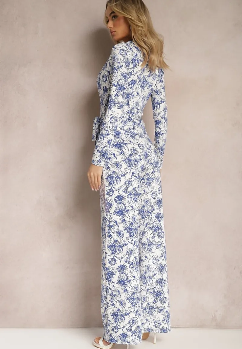 Biało-Niebieski Długi Kombinezon z Kopertowym Dekoltem w Kwiatowy Wzór Erenna